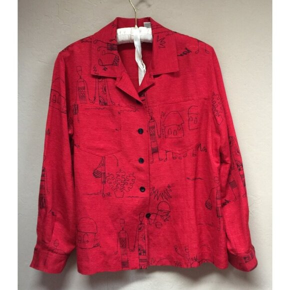 Chico's Design Womens Button-Down Silk Linen Long Sleeve Shirt Blouse Size 8 Red - Picture 1 of 8